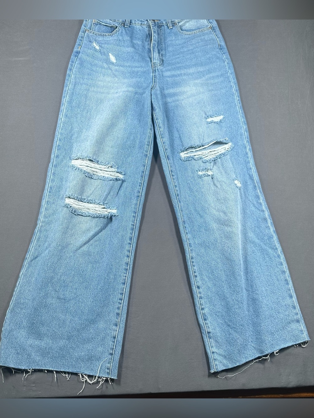 BP Women High Waist Distressed Wide Leg Jeans in Light Wash Blue Size 31 Raw Hem